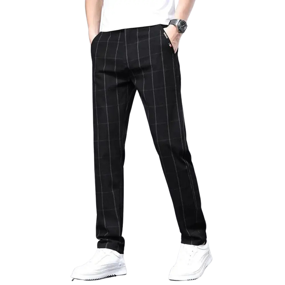 Calça Social Masculina Xadrez Torinzi TZ006 leve e elegante, com tecido elástico e padrão xadrez sofisticado, ideal para looks formais e casuais.