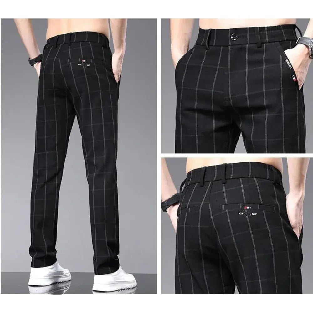 Calça Social Masculina Xadrez Torinzi TZ006 leve e elegante, com tecido elástico e padrão xadrez sofisticado, ideal para looks formais e casuais.