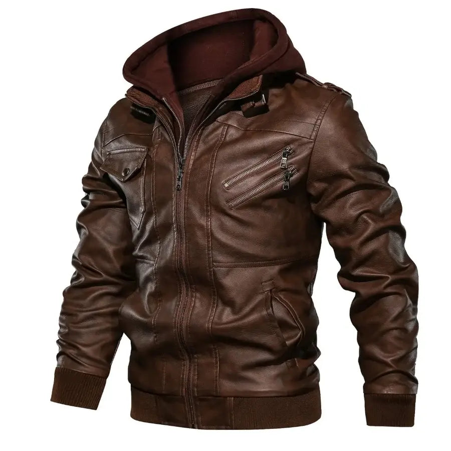 Jaqueta Masculina de Couro Original Torinzi TZ125 em couro premium, com capuz removível e design moderno, ideal para looks sofisticados e duráveis.